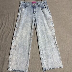 Y2K Telepaths Women's Embroidered Pink Bow Tie Acid Jeans Low Rise 9/29
